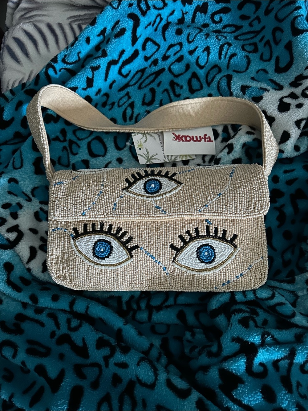T.J.Maxx Beaded Beige Shoulder Bag with Blue Eye Motif